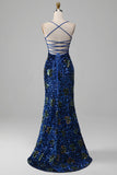Royal Blue Mermaid Spaghetti Straps Sequins Ball Dress With Slit