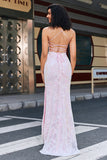 Trendy Sheath Spaghetti Straps Pink Long Ball Dress with Split Front