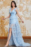 Princess A Line V Neck Blue Long Ball Dress with Ruffles Slit