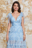 Princess A Line V Neck Blue Long Ball Dress with Ruffles Slit