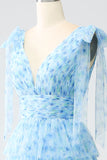 A-Line V-Neck Light Blue Tiered Long Ball Dress