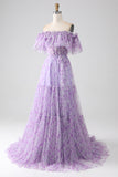 Lilac A-Line Off the Shoulder Floral Long Ruffled Ball Dress