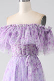 Lilac A-Line Off the Shoulder Floral Long Ruffled Ball Dress