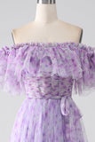 Lilac A-Line Off the Shoulder Floral Long Ruffled Ball Dress