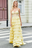 Gorgeous Yellow A Line Sweetheart Corset Ball Dress with Appliques Ruffles