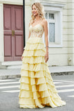 Gorgeous Yellow A Line Sweetheart Corset Ball Dress with Appliques Ruffles