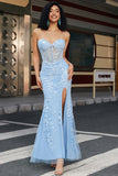 Stylish Mermaid Sweetheart Light Blue Corset Ball Dress with Appliques