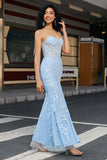 Stylish Mermaid Sweetheart Light Blue Corset Ball Dress with Appliques