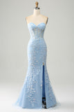 Light Blue Mermaid Sweetheart Corset Appliques Ball Dress With Side Slit