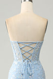 Light Blue Mermaid Sweetheart Corset Appliques Ball Dress With Side Slit