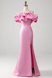 Pink Mermaid Off the Shoulder Ball Dress with Meringue Ruffles