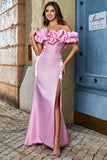 Stylish Mermaid Off the Shoulder Pink Long Ball Dress with Silt