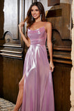 Sparkly A Line Spaghetti Straps Pink Long Ball Dress with Split Front