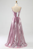 Stunning A Line Spaghetti Straps Pink Long Ball Dress with Split Front