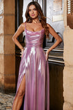 Sparkly A Line Spaghetti Straps Pink Long Ball Dress with Split Front