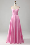 A-Line Spaghetti Straps Pink Ball Dress with Corset
