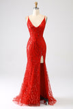 Glitter Red Mermaid Spaghetti Straps Long Sequins Ball Dress with Slit