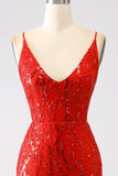 Glitter Red Mermaid Spaghetti Straps Long Sequins Ball Dress with Slit