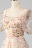 Champagne A-Line Floral Print Pleated Tiered Ball Dress With Puff Sleeves