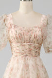 Champagne A-Line Floral Print Pleated Tiered Ball Dress With Puff Sleeves