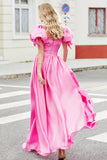 Princess A Line Square Neck Hot Pink Long Ball Dress with Puff Sleeves