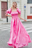 Princess A Line Square Neck Hot Pink Long Ball Dress with Puff Sleeves