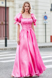 Princess A Line Square Neck Hot Pink Long Ball Dress with Puff Sleeves