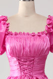 Puff Sleeves Hot Pink Ball Dress with Ruffles