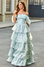 A Line Square Neck Light Blue Tiered Floral Long Ball Dress with Ruffles