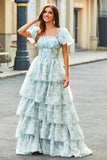 A Line Square Neck Light Blue Tiered Floral Long Ball Dress with Ruffles