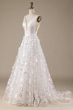 Ivory A-Line V-Neck Wedding Dress with 3D Flowers