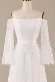 A Line Off the Shoulder Ivory Sweep Train Flare Sleeves Wedding Dress