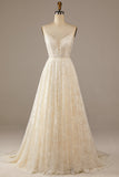 Sparkly Apricot Sweep Train Lace Wedding Dress