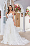 Charming A Line Spaghetti Straps Apricot Long Wedding Dress with Sweep Train