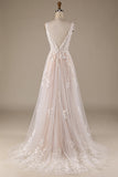 Champagne V-Neck Backless Tulle Wedding Dress with Lace