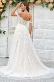 Beauty A Line Off the Shoulder Champagne Tulle Detachable Wedding Dress with Lace