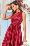 Asymmetrical One Shoulder Burgundy Tea Length Bridesmaid Dress