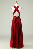 A-Line Halter Burgundy Long Bridesmaid Dress