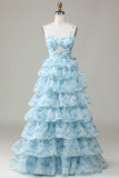 Spaghetti Straps Cut Out Tiered Blue Ball Dress