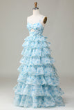 Spaghetti Straps Cut Out Tiered Blue Ball Dress