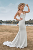Simple Spaghetti Straps White Bridal Dress with Criss Cross Back