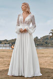 Long Sleeves Ivory A Line Wedding Dress with Lace