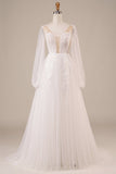 Long Sleeves Open Back Ivory Wedding Dress with Appliques