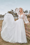 Long Sleeves Open Back Ivory A Line Wedding Dress with Appliques