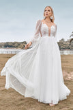 Long Sleeves Open Back Ivory A Line Wedding Dress with Appliques