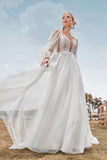 Long Sleeves Open Back Ivory A Line Wedding Dress with Appliques