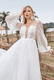 Long Sleeves Open Back Ivory A Line Wedding Dress with Appliques