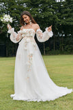 Ivory Detachable Long Sleeves Sweep Train Wedding Dress with 3D Flowers