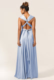 Blue Satin Convertible Bridesmaid Dress with Slit