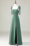 Eucalyptus Tie Straps A Line Bridesmaid Dress With Slit